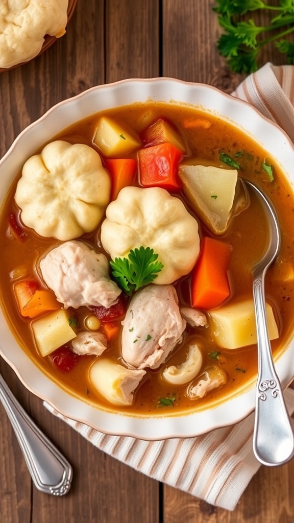 A bowl of chicken and dumplings with chicken, carrots, peas, and biscuit dumplings, garnished with parsley.